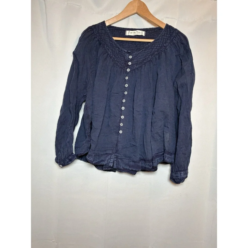 We The Free People Women's Small Boho Button Up Blouse Navy Blue‎ Smocked Gauze